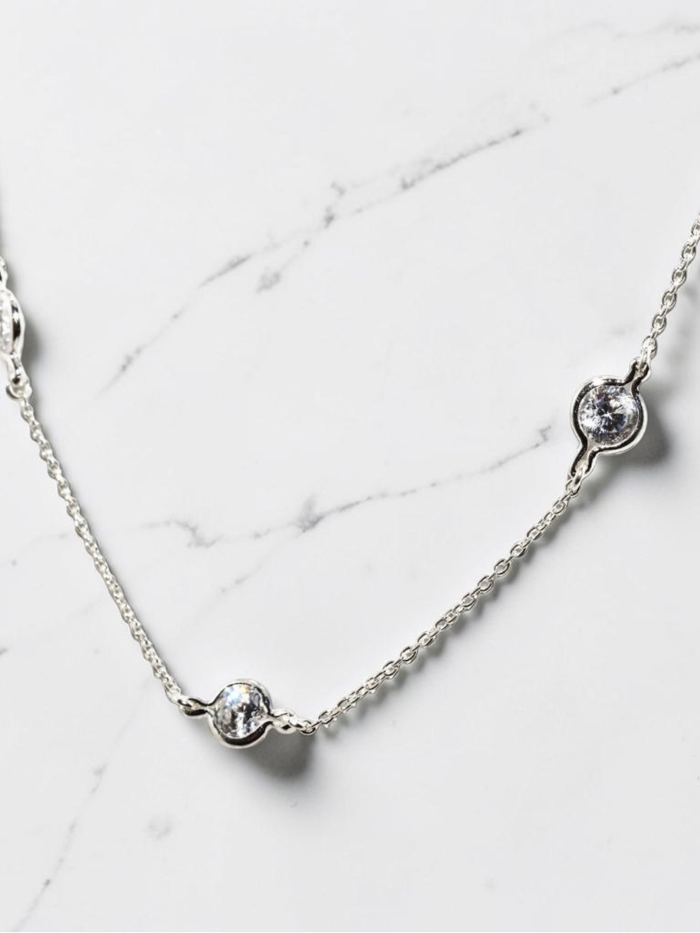 Solid 925 Sterling Silver CZ By The Yard Necklace 16in 7 Bezel Stations 4.5ctw - Picture 4 of 9